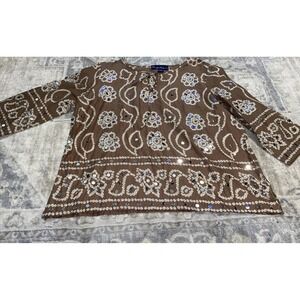 Angelique Womens Brown Sequin Top Shirt 3/4" Sleeve Sz Large Tie Front